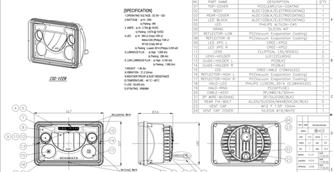 4" x 6" LED Headlight High Beam 2D Drawing