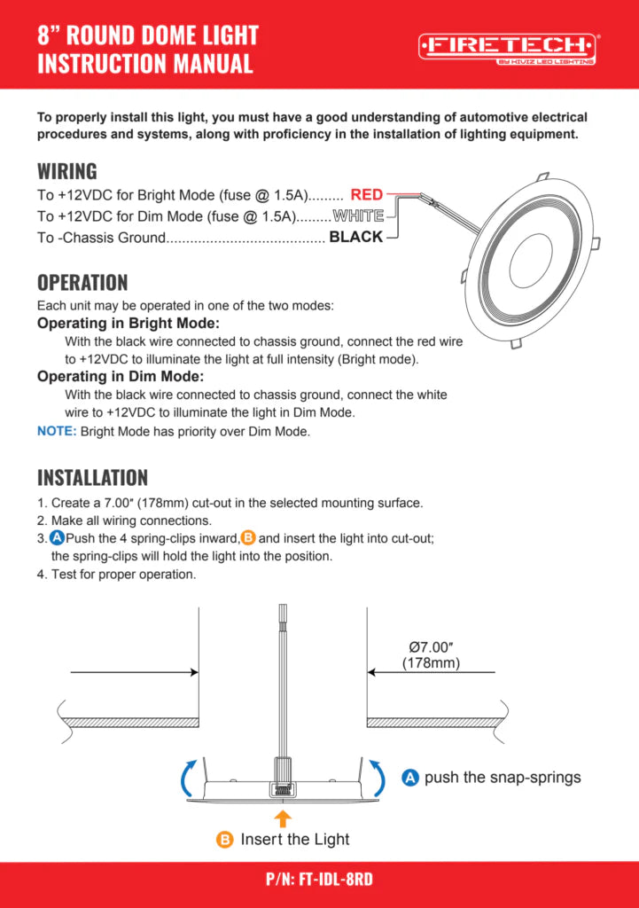 8″ Round Interior Dome Light Instruction Manual