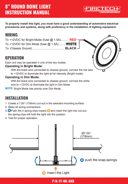 8″ Round Interior Dome Light Instruction Manual