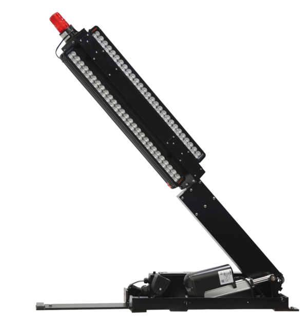 A larger singular white light on a black folding baseBlack strip light with white LEDs